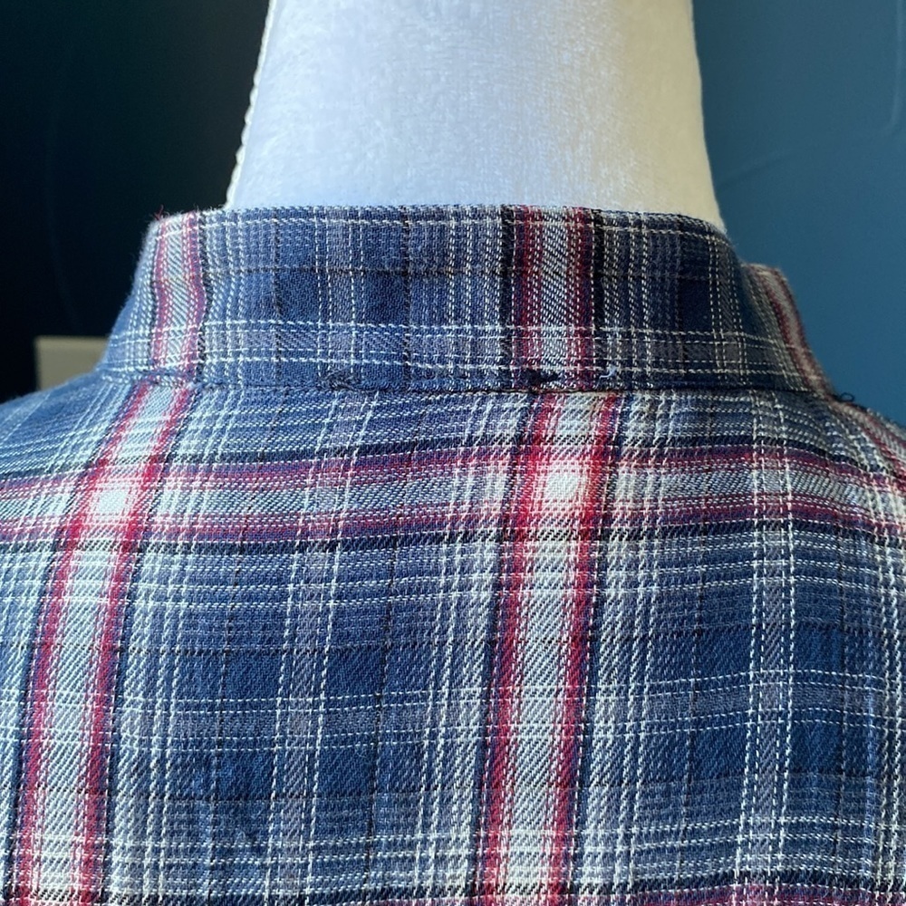 PINK LILY Plaid Elastic Waist Dress Button Down Long Sleeve Navy Red Blue - Picture 9 of 15